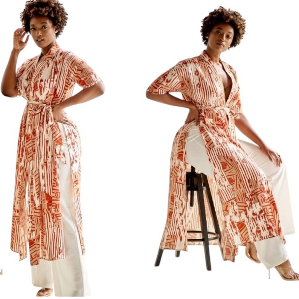 NWT J. Brooks Rust Cream Robe kimono tie belt split sides full length size small - Picture 2 of 11